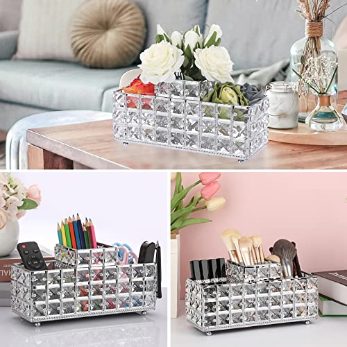 Hipiwe Crystal Remote Control Holder Bling Makeup Brush Holder Organizer Desktop Cosmetics Brushes Storage Cup Pen Pencil Storage Pot Cup for Dresser Bathroom Office, 3 Slot - style: 3-Slot, Silver