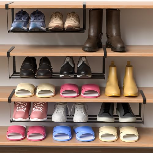 CroBlissful 2 Pcs Expandable Shoe Rack Organizer for Closet 16.5-31.5 Inch Adjustable Retractable Hanging Cabinet Shoe Shelf Dorm Room Storage for Space Saving (Black) - color: Black