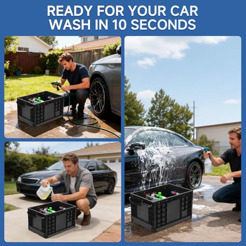 Wash and Garage Organizer Box, Foldable Plastic Crates for Foam Cannon with 1/4 Inch Quick Connector, Large Detail Car Care Box, Trunk Organizer for SUVS Sedans