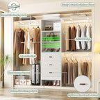 Besiost Closet System with Drawer - 8FT Wood Closet Organizer System with 3 Hanging Rods and Shelving Tower, 96" Walk In Closet Organizer Wardrobe, Heavy Duty Garment Rack Clothes Rack, White - color: White