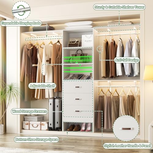 Besiost Closet System with Drawer - 8FT Wood Closet Organizer System with 3 Hanging Rods and Shelving Tower, 96" Walk In Closet Organizer Wardrobe, Heavy Duty Garment Rack Clothes Rack, White - color: White