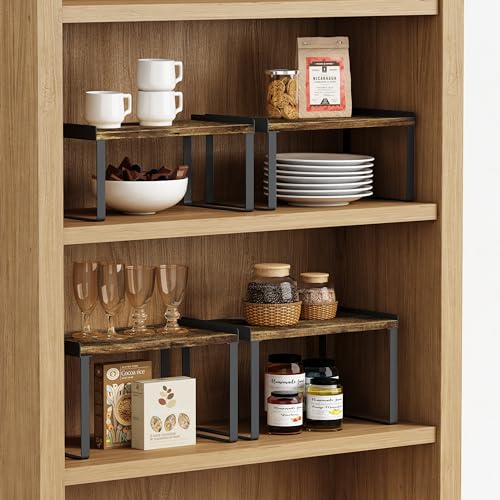Goozii Kitchen Cabinet Organizers and Storage Shelves, Rustic Farmhouse Desk Shelf Riser for Cabinets, Black Expandable Corner Glasses Medicine Cabinet Organizer under Bathroom Sink - Set of 4 - color: Black-Rustic, size: Medium