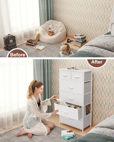 Crestlive Products Tall Dresser for Bedroom Vertical Skinny Dresser - Sturdy Steel Frame, Wood Top, Easy Pull Fabric Bins- Organizer Unit for Bedroom, Entryway, Closets - 6 Drawers (White) - color: White, style: 6 Drawers