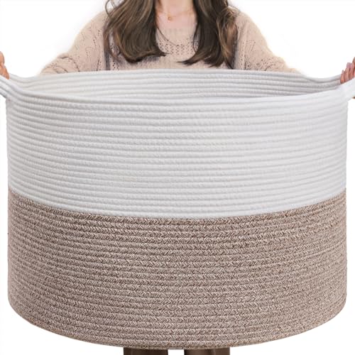 INDRESSME XXXLarge Blanket Basket for Living Room 21.7" x 21.7" x 13.8"-Storage Basket with Handle for Organizing Toy Pillows Woven Cotton Rope Laundry Basket Stuffed Animal Toy Storage for Play Room - color: White & Brown, size: 21.7"D x 13.8"H