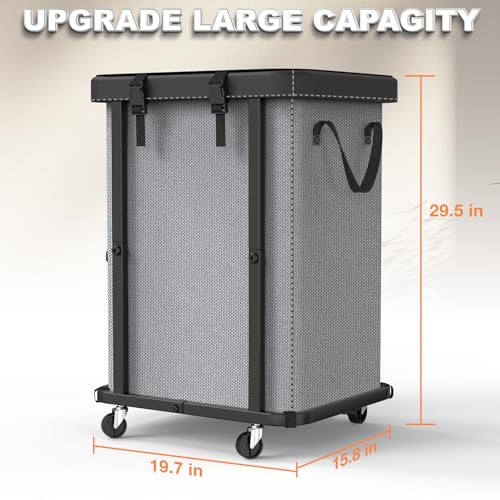 150L (40 Gal) Large Fashion Laundry Basket with Wheels, Leather Patchwork Rolling Hamper Carts, Sturdy Metal Frame, Removable Washable Bag, Tall Clothes Sorter for Bedroom, Laundry Room - Gary - color: Gray, size: 1 Section-150L