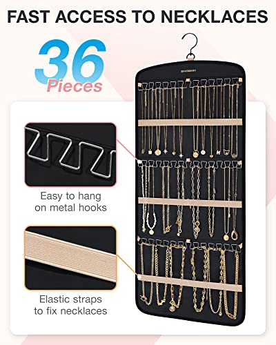 BAGSMART Hanging Jewelry Organizer, Necklace Holder Anti-tangle Earrings Rings Hanger with 20 Jewelry Bags Travel Storage Roll with Pockets Hang on Closet, Wall, Door,1 Piece, Large, Black - color: Black, size: Large - Standard