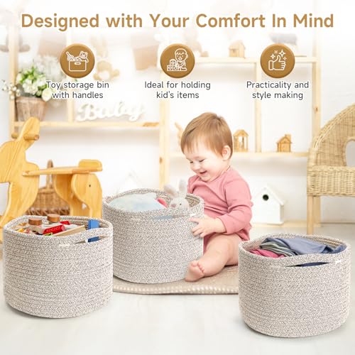 Small Rope Baskets for Storage, Baskets for Gifts Empty, Cute Round Woven Basket, Decorative Shelf Baskets 9.82×9.82×7.1", Cotton Toy Basket Storage Bins for Organizer 3 Packs-Brown - color: Brown-3PCS