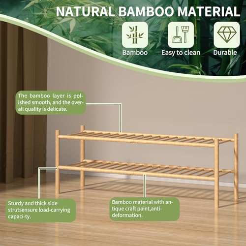 ROMGUAR CRAFT 2-Tier Bamboo Long Shoe Rack, Free Standing Wood Shoe Shelf Storage Organizer for Closet Entryway Stackable 35"x11"x13" (Natural) - color: Natural, size: 2-Tier(Long)