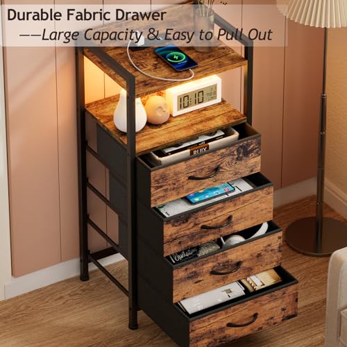Furnulem Night Stand with Charging Station and Led Light, 4 Drawer Dresser for Bedroom, Small Nightstand Bedside Table, Fabric Bins, Metal Frame, Wood Shelf, Side Furniture(Rustic Brown) - color: Rustic Brown, style: 4 Drawer