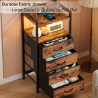 Furnulem Night Stand with Charging Station and Led Light, 4 Drawer Dresser for Bedroom, Small Nightstand Bedside Table, Fabric Bins, Metal Frame, Wood Shelf, Side Furniture(Rustic Brown) - color: Rustic Brown, style: 4 Drawer
