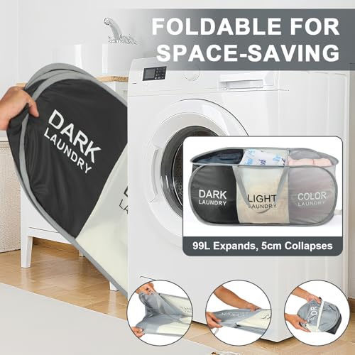 Seefoo 3-Section Foldable Hamper for Laundry, Collapsible Laundry Baskets with Easy Carry Handles, Space-Saving Clothes Pop Up Hamper with Dark/Light/Color Sorting Labels for Home, Travel, Dorm - style: 3 Compartment