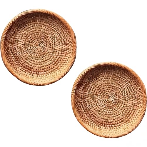 2pcs Small Round Rattan Woven Keys Basket,7.5" Rattan Wicker Round Bowls for Organizing Keys Cell Phone and Table Accessory,Tabletop Fruit Serving Baskets for Nuts Cracker Candy - size: 7.5"*2