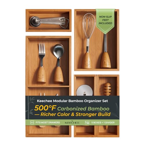 keechee Carbonized Bamboo Kitchen Drawer Organizer (Bundle: 5pc Organizers Set) - size: Bundle: 5pc Organizers Set