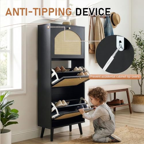 Karl home Shoe Rack Storage Organizer, Rattan-Panel 3-Tilt-Out Shoe Storage Cabinet, Hidden Shoe Storage for Entryway,Ideal for Heels,Slippers,Casual Shoes,Black - color: Black, size: 3-Tilt-Out