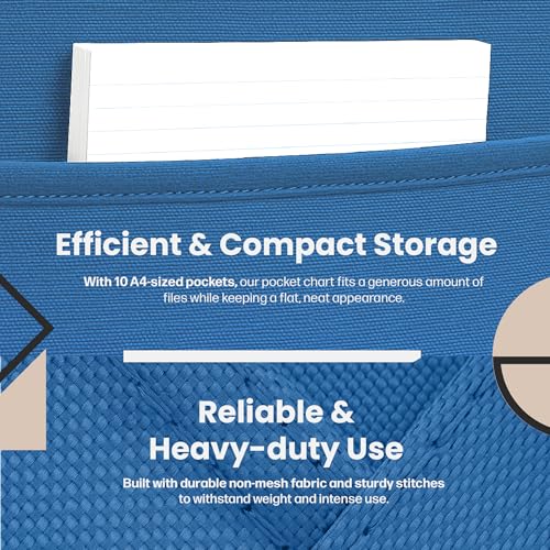 Hippo Creation Heavy Duty Storage Pocket Chart for Classroom, 10 Pocket Storage Organizer with 3 Over-Door Hangers, Hanging Wall Organizer for File Folders, School Mailbox, Home Office Papers - Blue - color: Blue - (10 Pockets)
