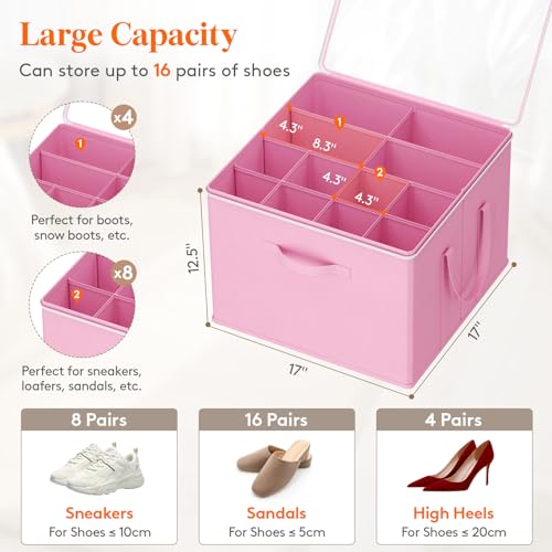 Lifewit 4 Pack Shoe Storage Organizer for Closet, Large Shoe Box Storage Containers with Clear Cover, Foldable Storage Bins Fit for Boots Fits 48-64 Pairs (Each 12-16 Pairs) Pink - color: Pink