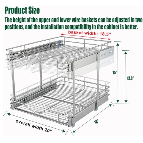 DINDON 2 Tier Pull Out Cabinet Organizer (20" W X 18" D), Double Tier Wire Basket Slide Out Shelf Storage for Kitchen Base Cabinet Organization for Kitchen, Pantry, Bathroom, Chrome - size: 20'' W X 18'' D