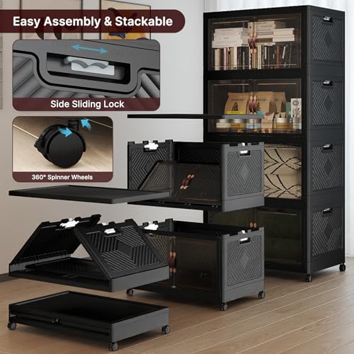 UAMFURI Stackable Storage Bins with Lids, 720QT Lockable Storage Cabinet, Foldable Storage Box with Doors and Wheels, Plastic Drawers for Home, Garage, Office (4, Black, Extra Large) - color: Black, size: Extra Large