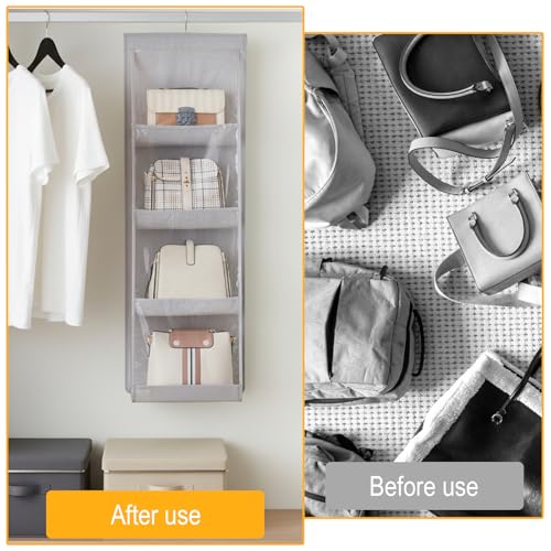 3 Packs Hanging Handbag Organizer for Closet, Purse Organizer For Closet, Purse Storage Holder with 8 Clear Pockets, Space Saving Purses Hanger for Wardrobe Door Wall, Gray