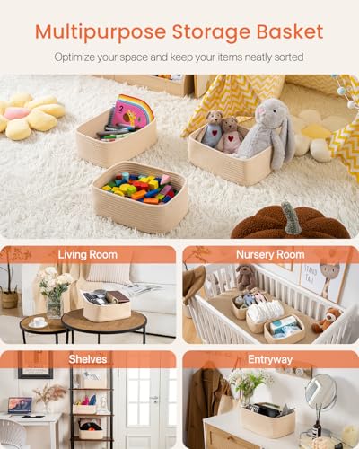 Small Woven Basket, 12 x 8 x 4.5 Inches, Storage Basket for Organizing, Cute Small Rope Shelf Closet Cube Storage Bins Baskets for Shelves, Dog Toy Gift Baskets Empty, 3 Packs, Beige - color: Beige, size: 12"L x 8"W x 4.5"H