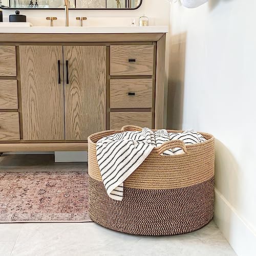 Goodpick Extra Large Wicker Storage Basket, 83L Woven Blanket Storage for Living Room, Round Baby Basket for Clothes, Big Laundry Hamper for Pillow, 21.7 x 13.8 inches - color: Black & Jute, size: 21.7x21.7x13.8 Inch (Pack of 1)