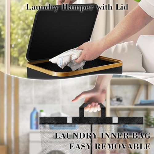 Laundry Hamper with Wheels,29 Gal (110L) Laundry Basket with lid Rolling Clothes Hamper Foldable Dirty Clothes Basket on wheels with Bamboo Frame and Bag for Bedroom, Dorm, Laundry Room-Black - color: Black, size: 110 L