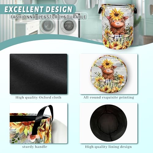 Cute Sunflowers Small Cow Laundry Basket Foldable With Handles Tote Bag Oxford Cloth Funny Laundry Hamper Clothes Storage Bucket Toy Organizer 18.9" x 16.5" For Bathroom/Laundry/Bedroom - color: Cute Sunflowers Small Cow
