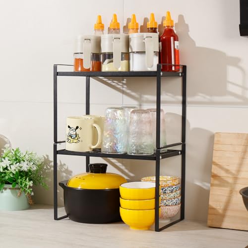 MiaLi Cabinet Organizer Shelf, Set of 2 Metal Counter Shelves Spice Rack, Stackable Kitchen Bathroom Organizers and Storage, Black - color: Black, size: 7.7"D x 13.7"W x 7.1"H + 7.7"D x 13.7"W x 7.1"H