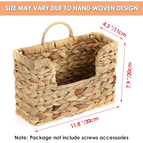 BTSKY Woven Hanging Magazine Holder, Water Hyacinth Magazine Basket, Wall Mounted Storage Basket for Books & Files, Wall File Organizer Magazine Rack with Handle for Home & Office - 11.8x4.3x7.9 Inch
