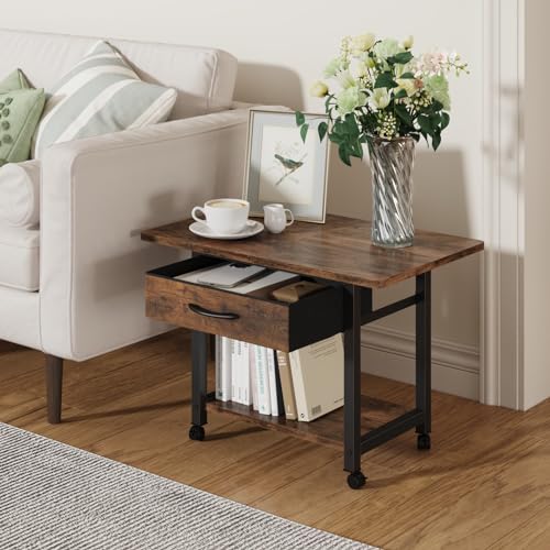 YAOHUOO Large Printer Stand with Storage Drawer, 2-Tier Under Desk Table for Home Office, Fits Fax Machine/3D Printer/Scanner (Brown) - color: Rustic Brown, size: 2-Tier