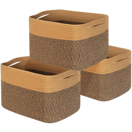 MINTWOOD Design 3-Pack Storage Baskets for Shelves, Decorative Baskets for Organizing, Woven Baskets for Storage, Book Basket Cube Storage Bin Box, Pantry Closet and Shoe Organizers, Black Jute - color: Brown / Black