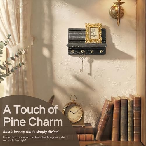 Rebee Vision Pine Wooden Key Holder Wall Mount for Home Decor – 7-inch Key Rack for Wall with 4 Sturdy Hooks & Mini Floating Shelf - Ideal Apartment Essentials for Home and Kitchen (Old Black) - color: OldBlack, size: Small-7inch