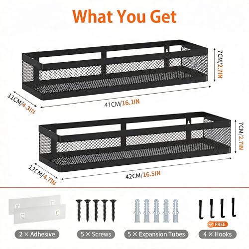 PUSDON 16.5-Inch Extra Long Slim Mesh Shower Caddy, Wall Mounted Bathroom Organizer with Adhesive, Heavy Duty Rustproof Shelf for Narrow Kitchen Pantry & RV, Holds 50 LBS 2-Pack - Matte Black Netting - color: Matte Black, size: Full Mesh (16.5" Extra Long