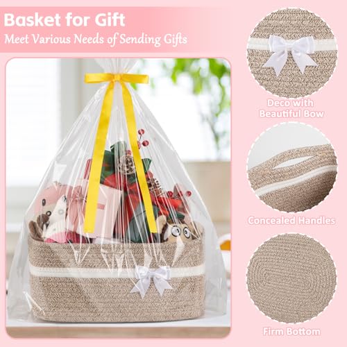 OIAHOMY Large Woven Storage Basket with Handles for Nursery Living Room Shelves, Bow Basket for Gifts Empty with Gift Bags and Ribbons for Baby Showers Pet Toy Bin - Brown & White - color: Brown & White