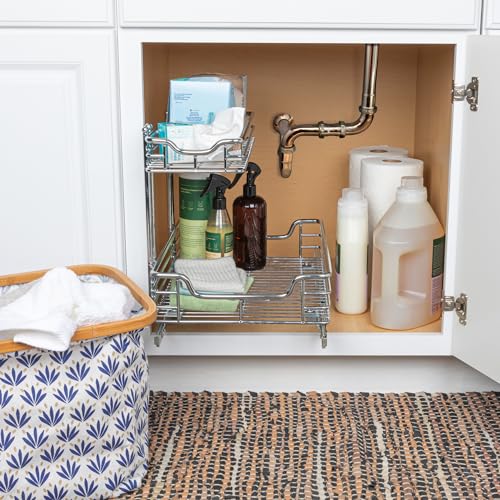 Household Essentials Glidez Multipurpose Chrome-Plated Steel Pull-Out/Slide-Out Storage Organizer for Under Sink or Under Cabinet Use - 2-Tier Design - Fits Standard Size Cabinet or Shelf, Chrome - size: 12.25" - Standard, style: Undersink