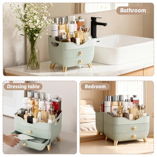 Makeup Organizer for Vanity, Large Capacity Skincare Cosmetic Organizer Countertop with 2 Drawers, Cosmetic Display Cases Makeup Storage Box for Bedroom, Bathroom, Ideal Gifts for Women(Green) - color: Green