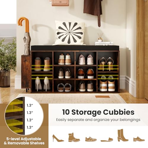 Giantex Shoe Storage Bench with Umbrella Stand, 10-Cubby Entryway Shoe Rack Organizer with Padded Seat, Adjustable & Removable Shelves for Hallway, Living Room & Bedroom (Rustic Brown) - color: Rustic Brown