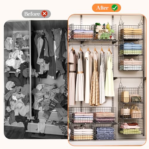 Sonyabecca 3-Tier Hanging Closet Organizer, Foldable Cabinet Wire Storage Basket Bins with 5 S Hooks, Closet Shelves & Hanging Closet Shelf for Clothing, Sweaters, Handbags, Hats