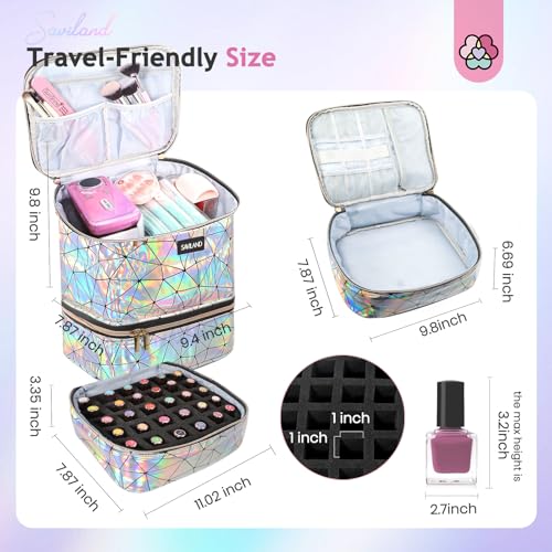 SAVILAND Nail Polish Organizer Bag: PU Leather Nail Kit Organizer Holds 30 Bottles & Nail Lamp, Holographic Nail Supply Organizer Nail Polish Holder Case Nail Organizers and Storage Box for Nail Tech - color: C-Holographic
