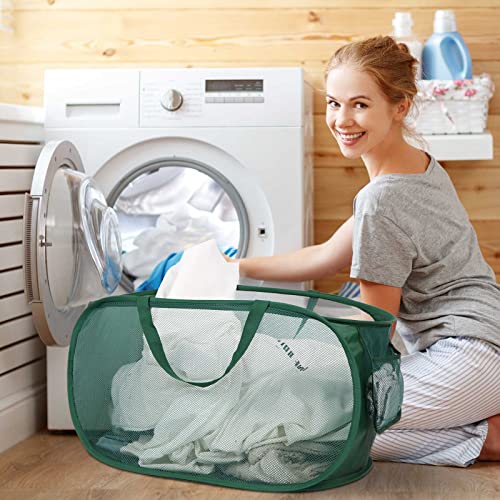Sturdy Mesh Pop Up Laundry Hamper, Collapsible Laundry Baskets with Side Pocket, Foldable Clothes Hamper with Reinforced Carry Handles for Laundry, Bathroom, Kids Room, Dorm or Travel 2 Pack Emerald - color: 2 x Emerald