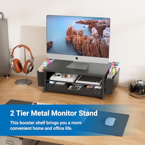Monitor Stand Riser, Laptop Stand for Desk, Office Desk Organizer and Accessories, Computer Desktop Shelf with Drawer and Pen Holder, Printer Stand for Home, Office, Dorm (Black) - color: Black 2