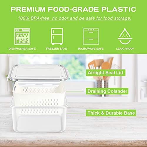TBMax Fruit Storage Containers for Fridge Organizers and Storage, 4 Pack Large Produce Saver with Airtight Lid & Colander for Berry Lettuce Salad Vegetable Storage, Refrigerator Organizers