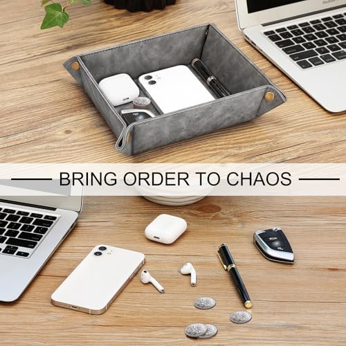 SITHON Valet Tray Desktop Storage Organizer – Premium PU Leather Catchall Bedside Vanity Tray Nightstand Caddy Holder for Remote Controller, Keys, Phone, Wallet, Coin, Jewelry (Gray) - color: Gray