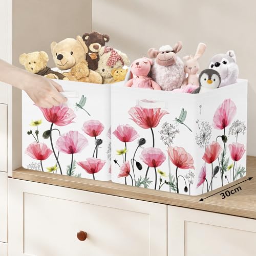 Clastyle Flowers Storage Cube Organizer Set Handle Closet Clothes Cube with Metal Frame Foldable Parents Organizer Storage Basket for Book Toy,Red Poppy,11.8x11.8x11.8 in - color: Red Poppy