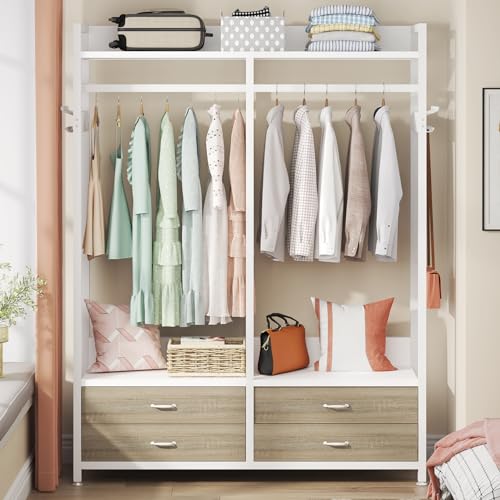 Tribesigns Freestanding Closet Organizer for Hanging Clothes, Heavy Duty Garment Rack with 4 Drawers, 8 Hooks and Storage Shelves, Wardrobe Closet Clothing Rack for Bedroom, Living Room, White Walnut - color: White Walnut