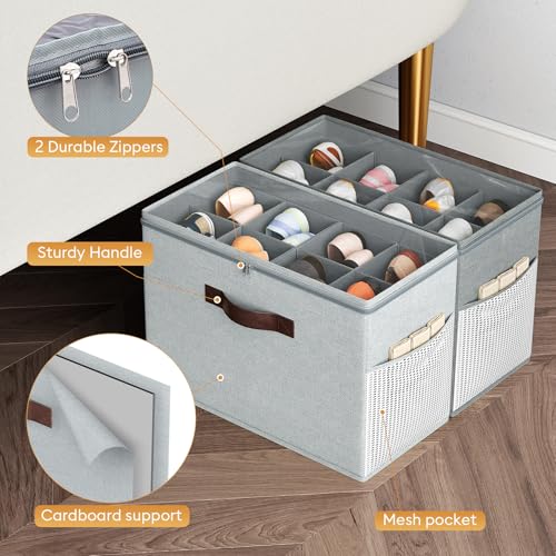 Budding Joy 2 Pack Shoe Organizer for Closet, Clear Foldable Shoe Storage Containers Adjustable Dividers Fits 16 Pairs,Shoe Storage Bins Baskets Boxes with Reinforced Handles Light Grey Greenish Grey - color: Light Gray + Green Gray