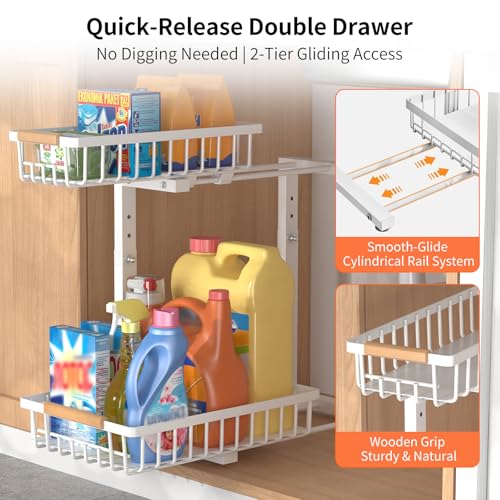 Under Sink Organizer, 2 Pack Under Sink Organizers and Storage, 2-Tier Pull Out Under Cabinet Organizer Storage Shelf, Metal Frame, Height Adjustable Rack for Bathroom Kitchen Pantry - style: White, 2-Pack
