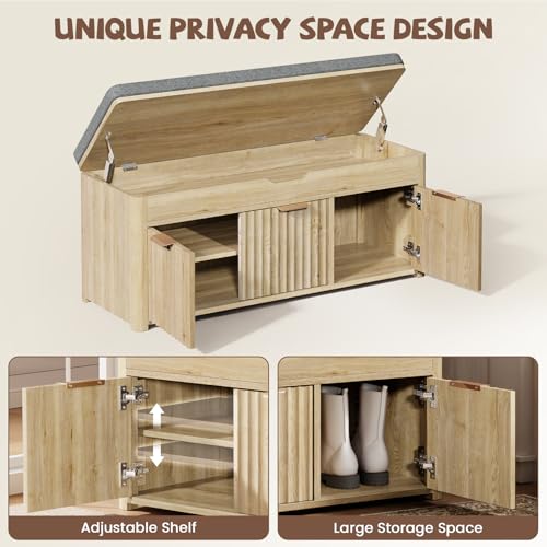 Shoe Bench with Storage - Lift Top Entryway Bench with Hidden Storage, Shoe Rack with Adjustable Shelves and Cushioned Seat, Wooden End of Bed Bench for Bedroom, Living Room and Hallway,Nature