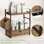 Kottwca 2-Tier Bathroom Counter Organizer with Drawer, Basket & Hooks, Wooden Vanity Shelf for Skincare, Perfume & Makeup Storage(Dark Brown) - color: Dark Brown