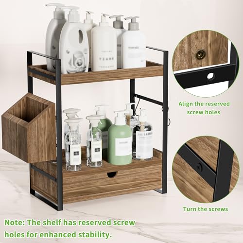 2-Tier Bathroom Counter Organizer with Drawer and Basket, Wood Countertop Organizer for Storage, Skincare Organizers for Vanity, Counter Shelf for Bathroom Organization(Dark Brown) - color: Dark Brown